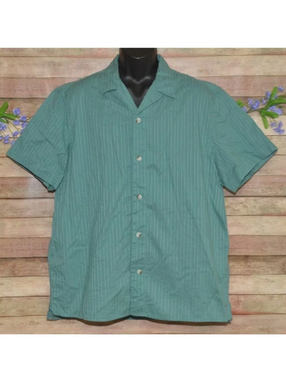 Banana Republic Mens Green Button Up Short Sleeve Striped Shirt Size XL Cotton